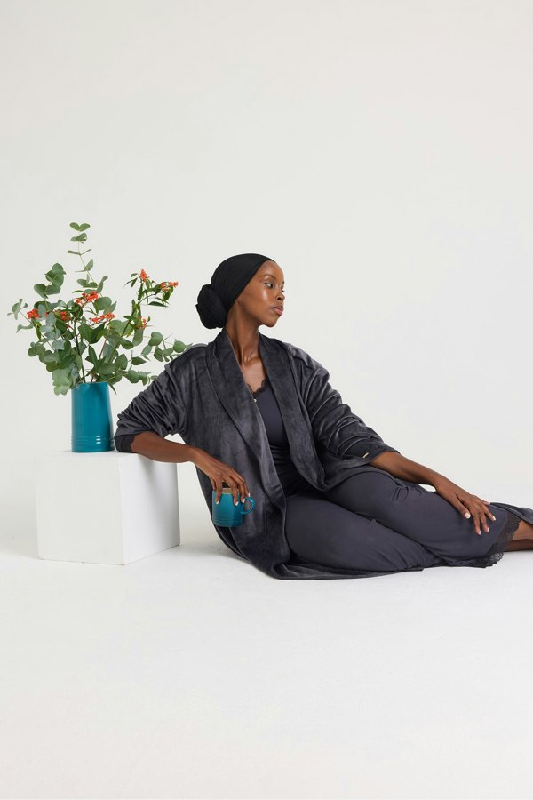 Velour Longline Dressing Gown in Raven - Robes