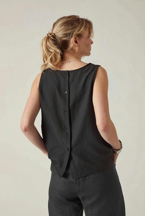 James Lakeland Black Linen Blend Sleeveless Button-Back Top