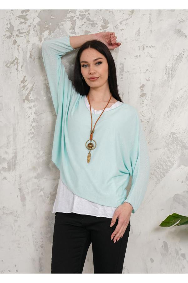 Hoxton Gal Oversized Long Sleeves Double Layered Top with Necklace in Mint