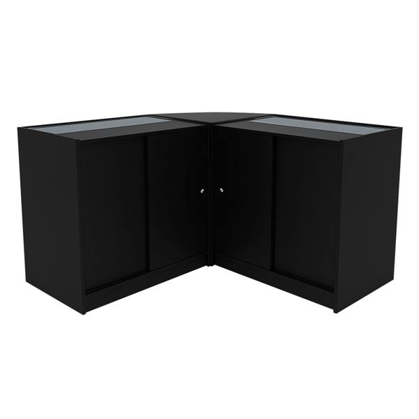 Theseus LED shop counter set in sleek black, featuring two glass display tops and a modern corner design for retail spaces