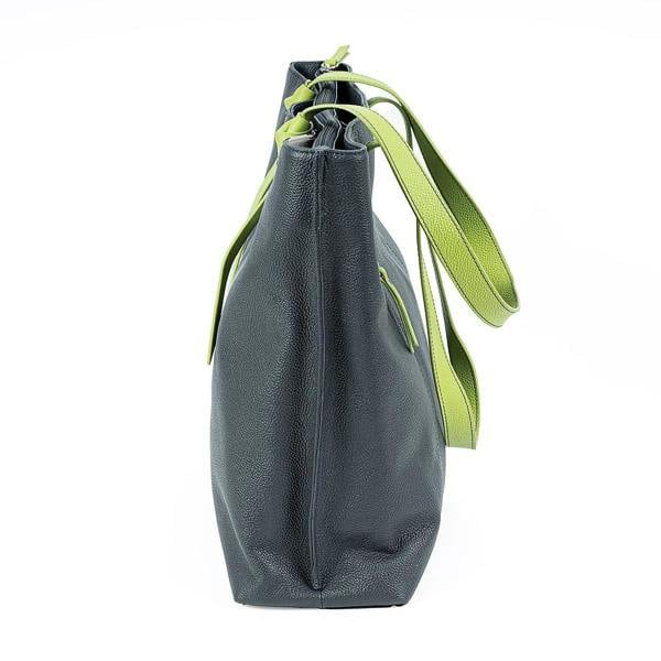 Pia Navy Leather Tote Bag, Colour Block Design with Lime Green Handles