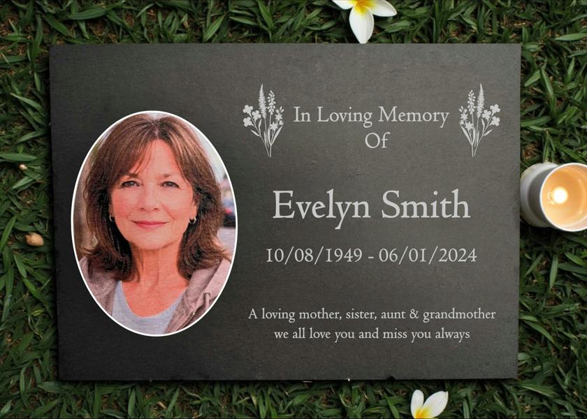 Memorials Direct Photo Slate Memorial Plaque,  Wildflowers, Add a Portrait & Personalised Text | 35×25cm (14×10”)