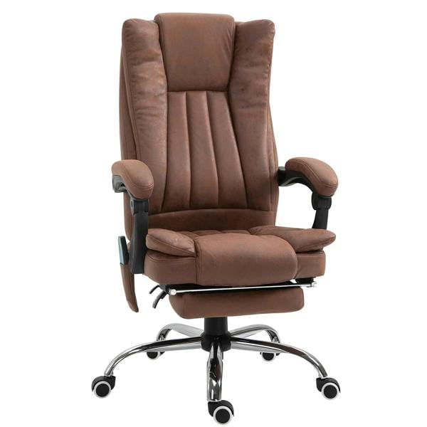 Brown microfibre reclining office chair with footrest, padded arms, swivel caster base