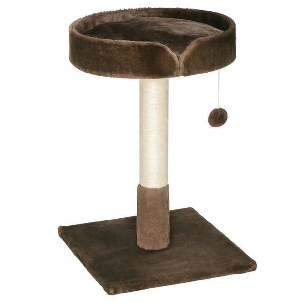 Brown small cat tree with round top bed, tall post, flat base, and hanging ball toy