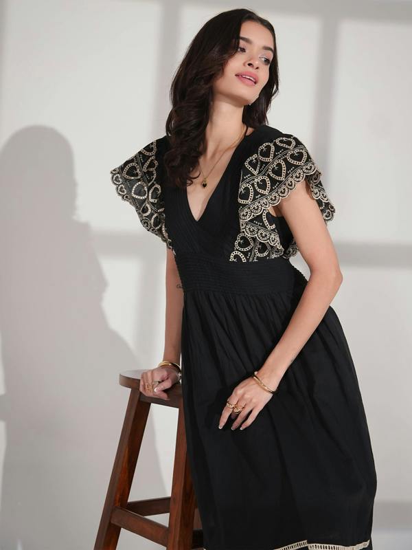 Rose & Nancy Eleanor Dress Black And White Heart Embroidered