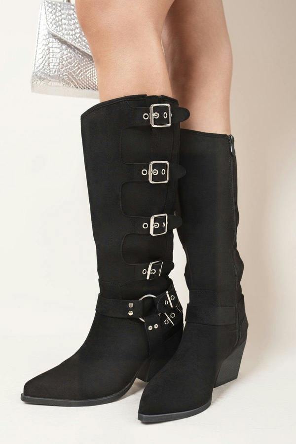 Ornella Block Heel Knee High Boots With Buckle Strap Detail - Black
