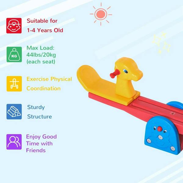 Two-seat seesaw with yellow animal seats, red rocker board, and blue front panel