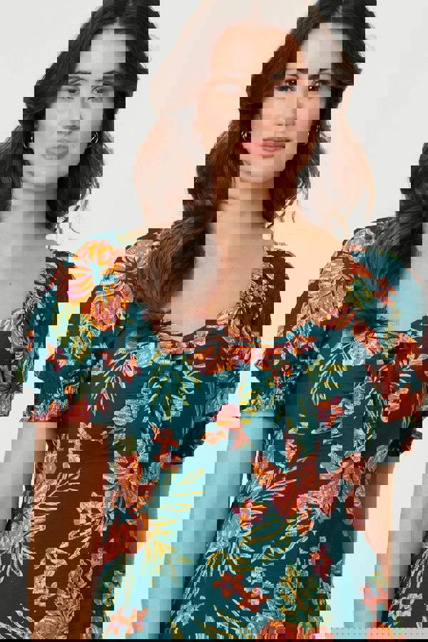 Green | Floral Tie Short Puff Sleeve Midi Dress