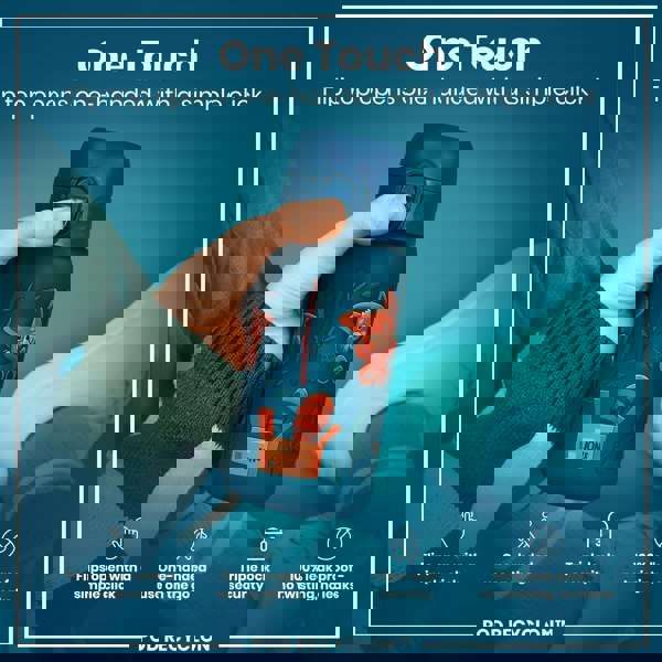 A blue water bottle, with cartoon animals, is being held; its flip top opens easily with one hand. The bottle is shown against a teal background.