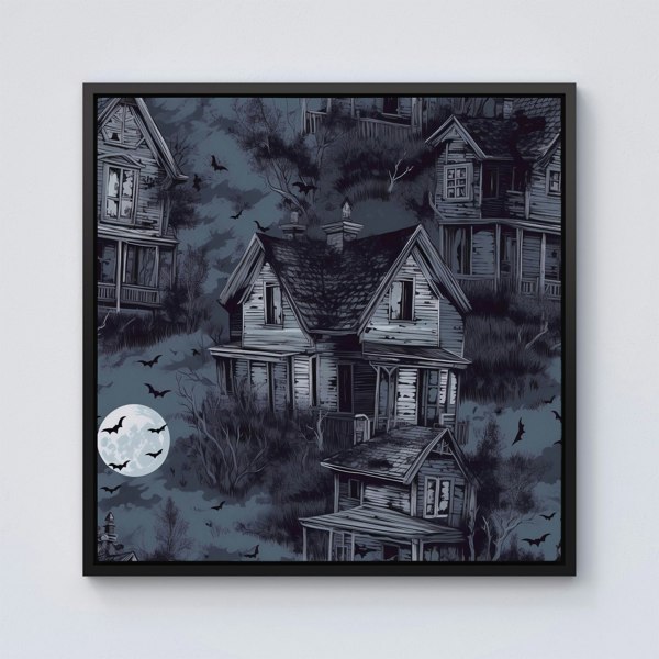 Warren Reed Spooky Shadowy Haunted House Framed Canvas