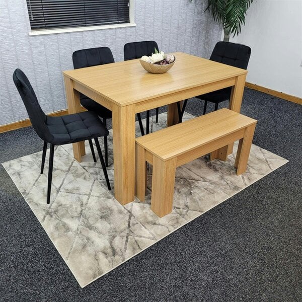 KOSY KOALA 6 Seater Modern Light Wood Dining Table Set with 4 Black Velvet Chairs and Bench  H75 x L140 x W80 cm