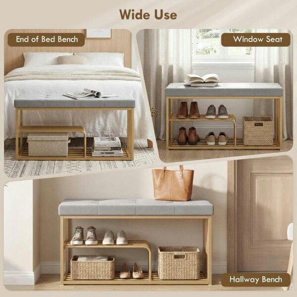 Bench and Shoe Storage, Tufted Shoe Storage Bench with Velvet Seat Cushion Gold Steel Frame for Entryway, Grey