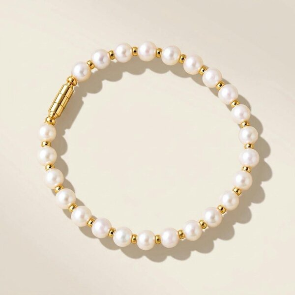 The Colourful Aura White Pearl Beaded Bracelet with Gold Screw Lock Clasp