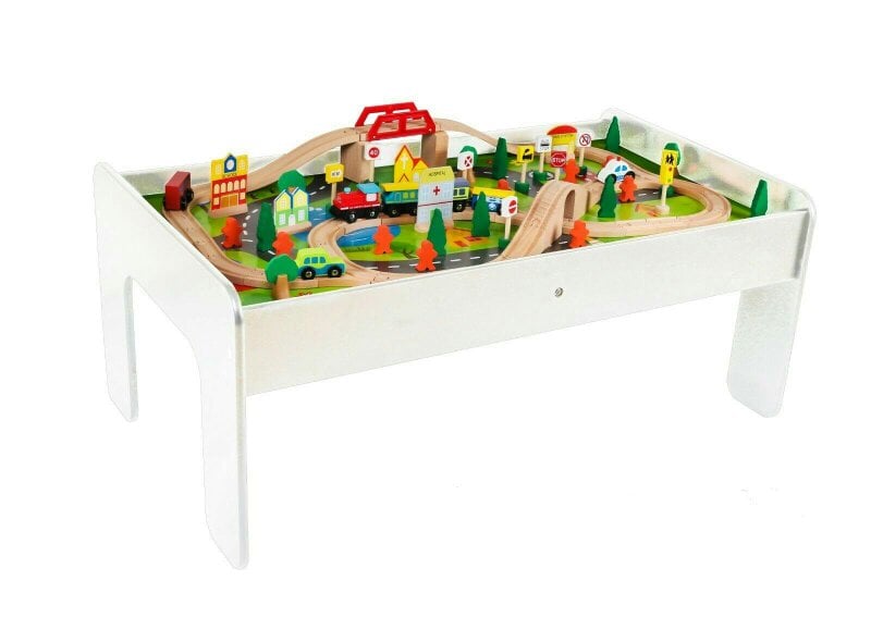 HYGRAD BUILT TO SURVIVE Kids Wooden Activity White Table and 90 Piece Train Set Car Track + Accessories