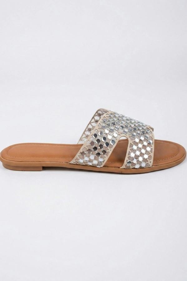 Cordelia Mirrored Disc Embellished H Sandals - Beige