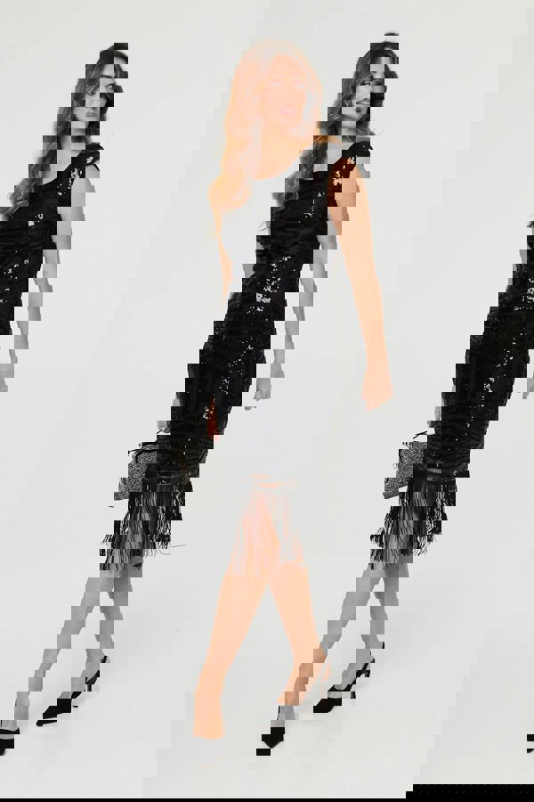 Black | Sequin Embellished Fringed Midi Dress
