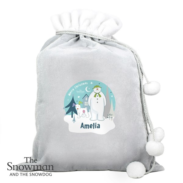 Personalised Memento Company Personalised The Snowman and the Snowdog Luxury Silver Grey Pom Pom Sack