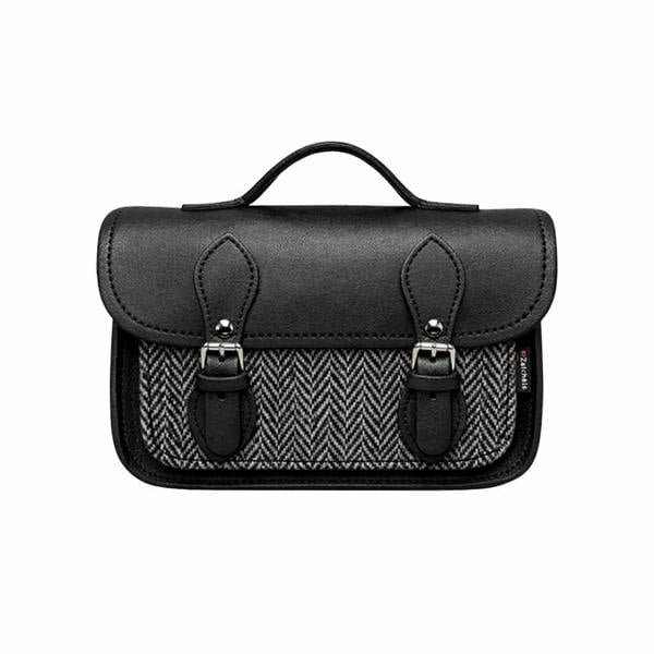 Zatchels Handmade Tannery Leather and Tweed Cross Body Micro Satchel Plus - Black