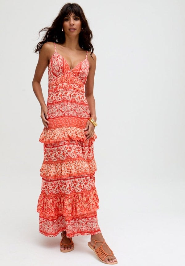 Feifei Ruffle Tiered Floral Printed Maxi Dress In Orange