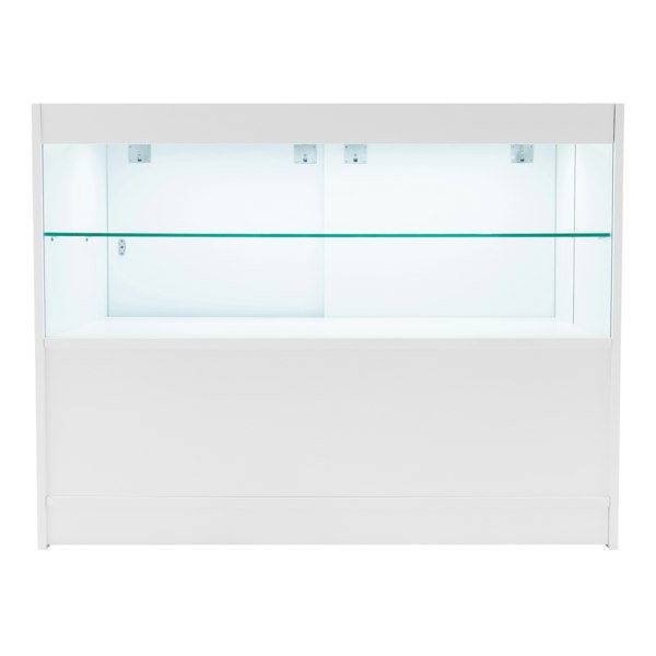 Selene LED shop counter set in white with two glass shelves, sleek design, illuminated interior, perfect for displaying products