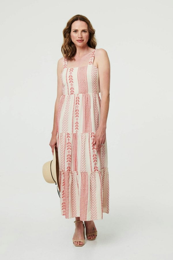 Coral | Printed Sleeveless Tiered Midi Dress
