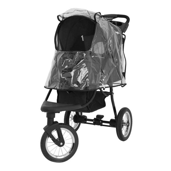 Black pet jogger with a clear weather shield, featuring a spacious cabin, sturdy wheels, and a comfortable handle for easy maneuvering