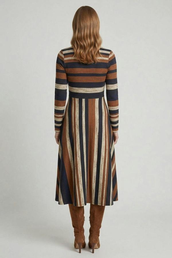Brown | Striped Long Sleeve A-Line Midi Dress