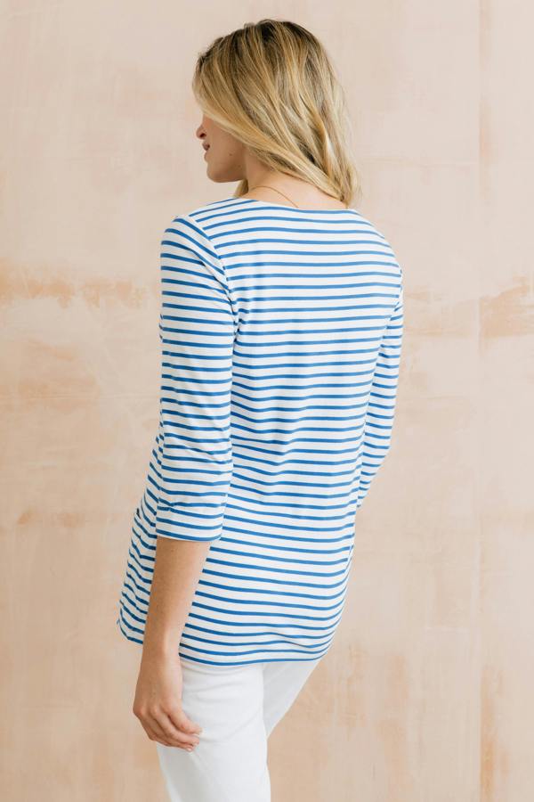 Lily & Me Coastal 3/4 Sleeve Jersey Stripe Tunic Cobalt