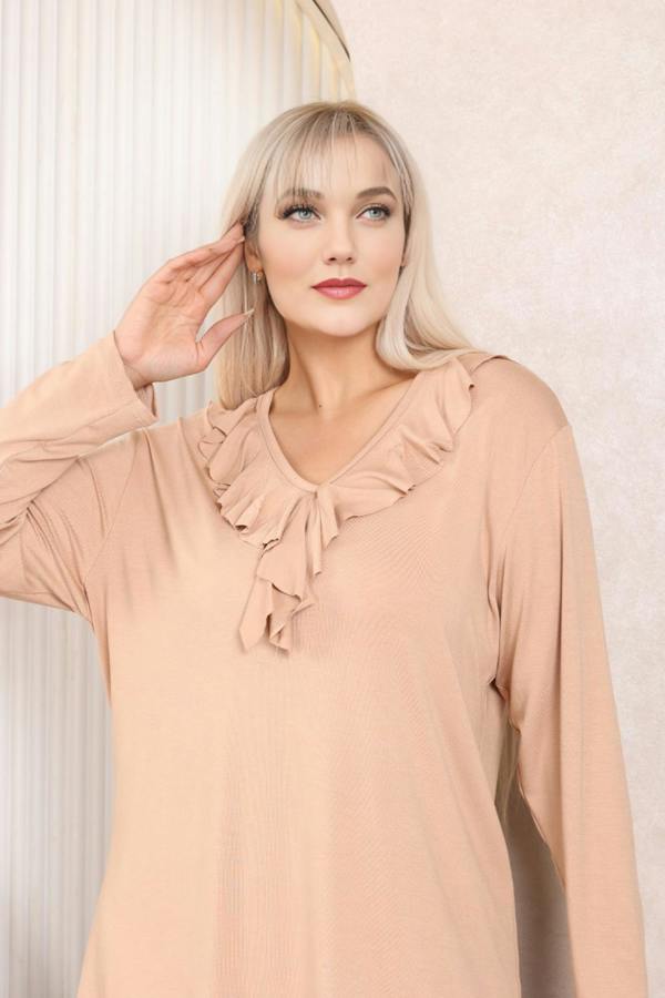 Hoxton Gal Relaxed Fit Long Sleeve Elegant Blouse with Ruffle Neckline