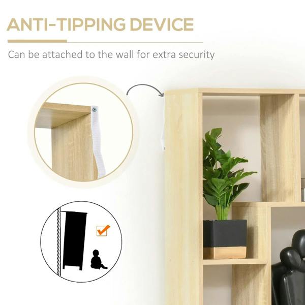 Tall 8-cube bookcase with anti-tipping device area and open storage cubbies