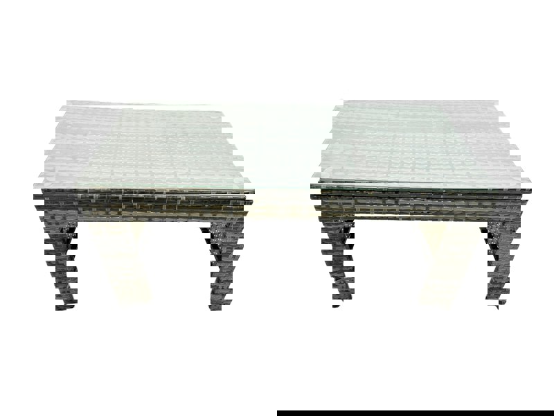 Fimous Outdoor Love Sofa Set 5 Seat Rattan Garden Furniture Set with Oblong Coffee Table Big Footstool 2 Side Table Dark Grey Mixed