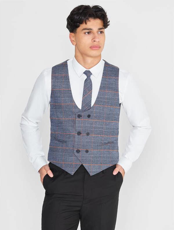 Boys blue and black checked waistcoat suit