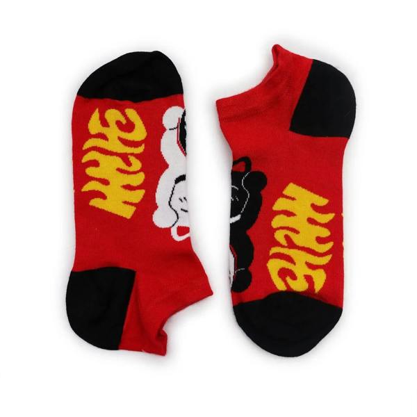 Pair of red low socks with black toe/heel and yellow lucky cat and hare graphics