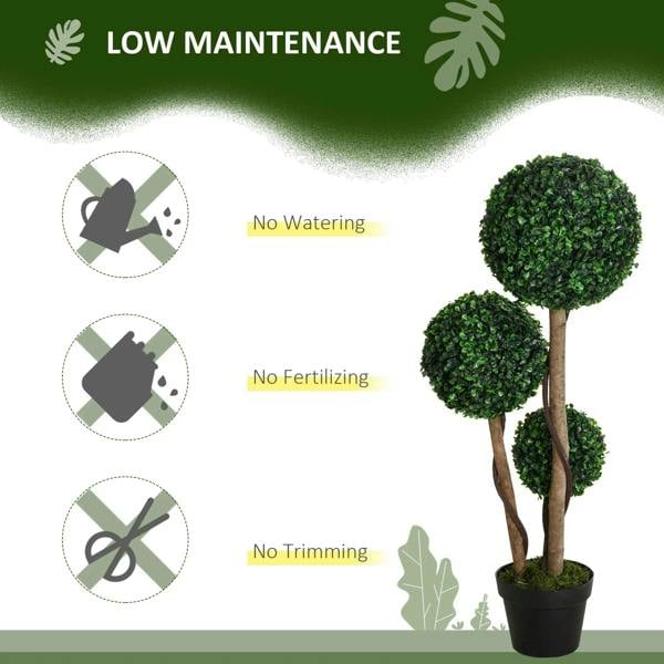 Artificial ball topiary tree with dark green foliage on twin trunks, in black pot
