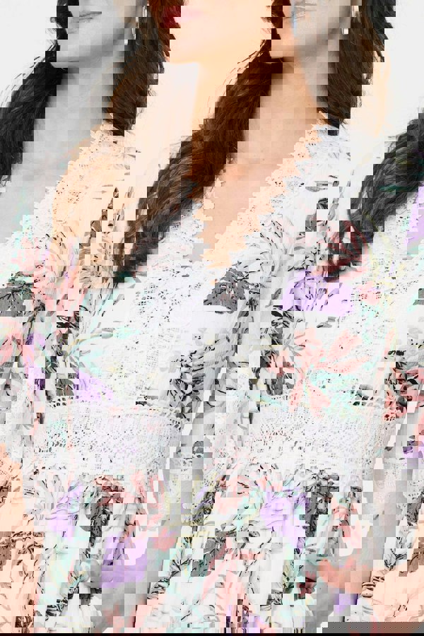 White | Leaf Print Lace Trim Short Dress