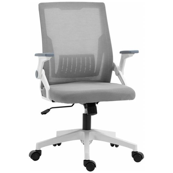 Grey mesh office chair with lumbar backrest, flip-up armrests, swivel base and casters