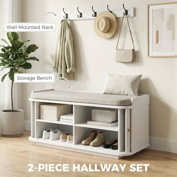 Bobobiy Hallway Storage Unit, Hallway Furniture Set with Shoe Storage Cabinet and 5 Hooks Coat Rack, White