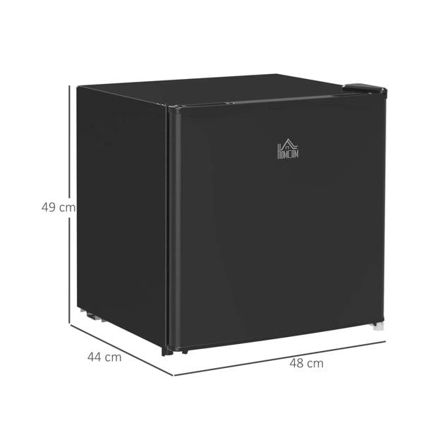 Black 46L mini fridge, front and side view with adjustable legs