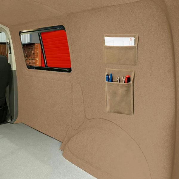 Beige storage pouches mounted on a wall, featuring multiple pockets for organizing tools and office supplies in a vehicle interior