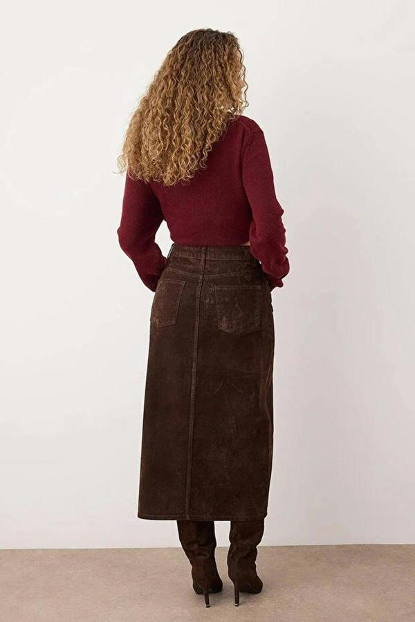 WOVCOR Suede Look Flock Printed Midi Denim Skirt