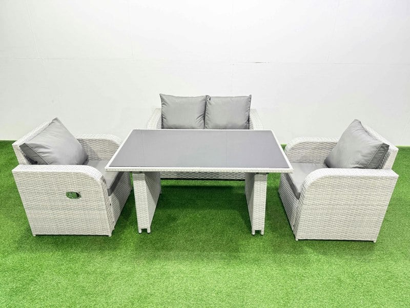 Fimous Outdoor Rattan Garden Furniture Dining Set 4 seater Patio Rectangular Table Love Sofa Reclining Chair Set