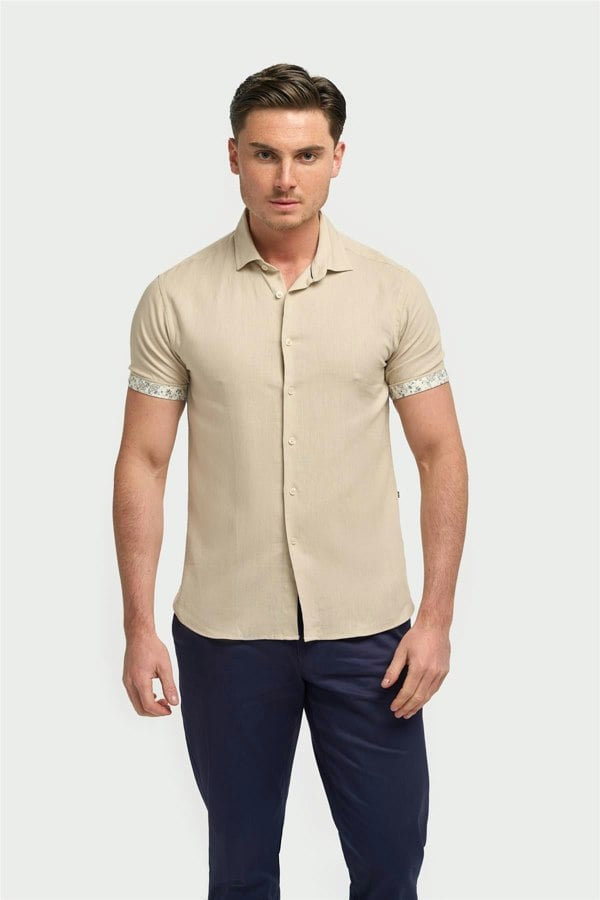 House of Cavani Matera Taupe Plain Regular Fit Short Sleeve Linen Shirt