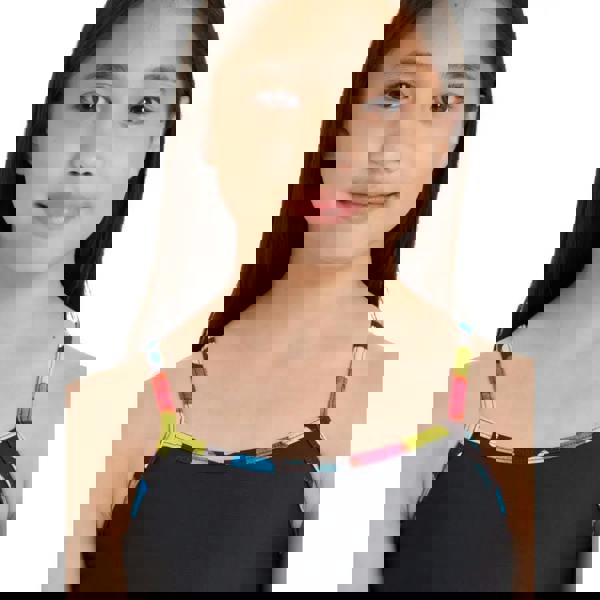 Zoggs Girls Spot Classicback black tankini top with colorful geometric pattern