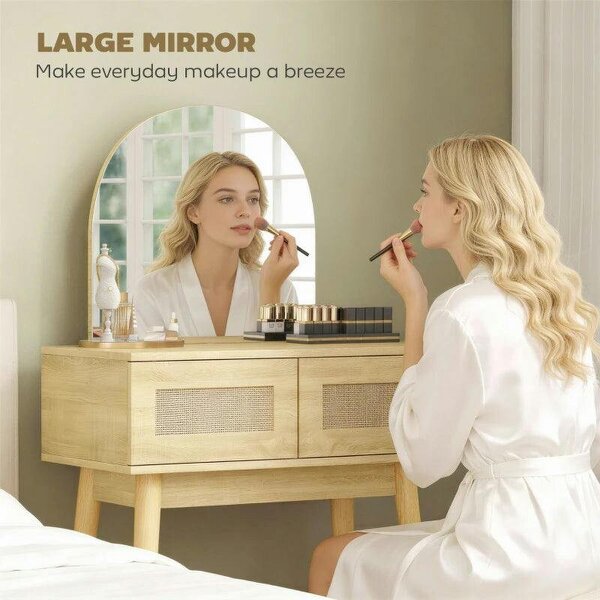 Dressing Table, Compact Vanity Desk with Mirror and 2 Drawers, Natural Wood Finish