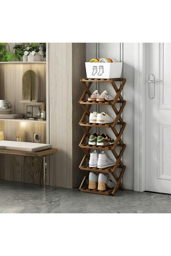 Living and Home 6 Tier Bamboo Folding Shoe Rack Shoe Storage Organiser - Walnut