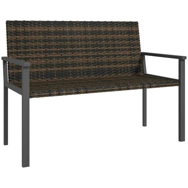 Mixed brown rattan garden bench with steel legs and armrests, two-seat outdoor loveseat