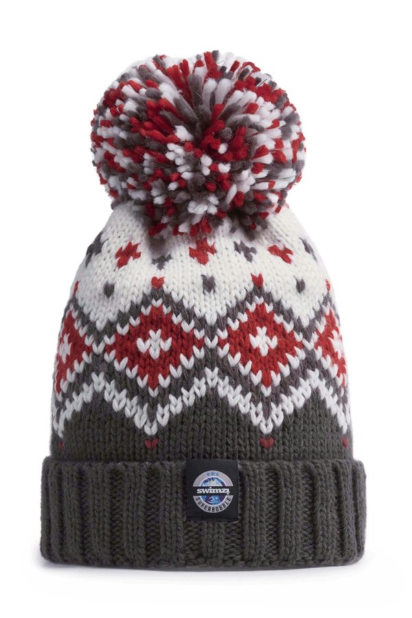 SuperBobble Tyrol Nordic Knit Beanie Bobble Hat - Graphite Red