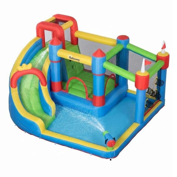 6 in 1 Kids Bouncy Castle, with Water Slide, Water Gun, Climbing Wall, Air Blower for Indoors/Outdoors, 3.9 x 3 x 2m
