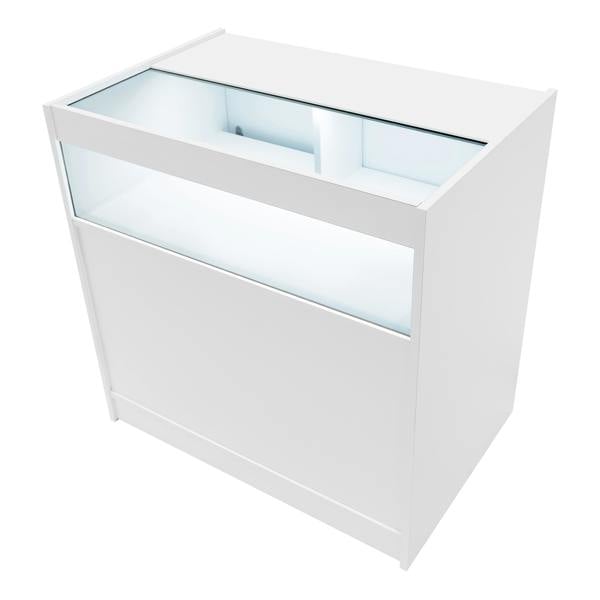 White Hyperion LED shop counter set featuring a sleek design, glass display top, and illuminated interior for showcasing products