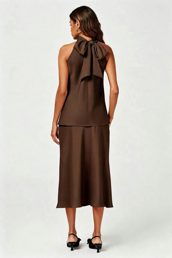 FS Collection Satin Halter Neck Tie Back Top In Brown